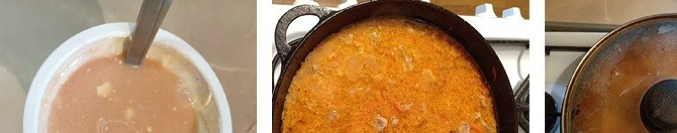 1. Этап. Подлива мясная: В воде смешать сметану и томатный соус до однородной консистенции, вылить в сковороду, перемешать, убавить огонь, накрыть крышкой, тушить 10мин, затем добавить лавровый лист и тушить еще 5мин. Дать настояться минут 15 - 20.