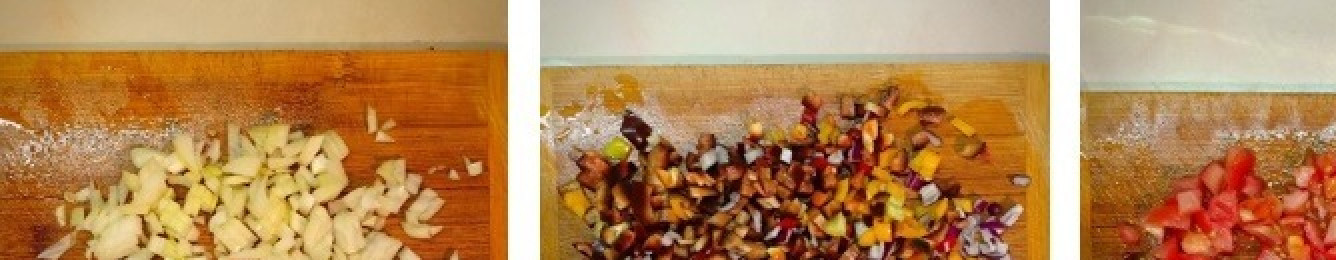 1. Этап. Рататуй с куриной грудкой: Приготовить соус: луковицу, перец и помидоры очистить, помыть и нарезать кубиками.