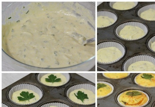 1. Этап. Кукурузные маффины с халапеньо: Тесто готово. Разложить его по формочкам для маффинов. При желании можно украсить маффины листиками петрушки и перцем. Поставить форму в духовку, разогретую до 180 °С, и выпекать до готовности (~25 минут).