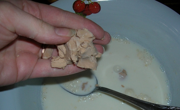 1. Этап. Вкусное дрожжевое тесто для пирога с капустой: 1. Дрожжи разводим в теплом молоке с сахаром, ждем, пока появится пена.