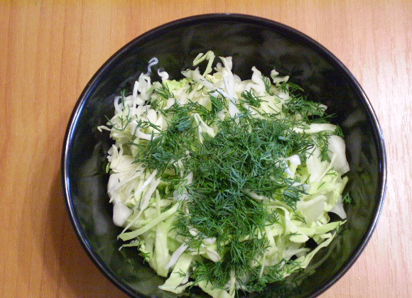 1. Этап. Капустный салат для похудения: 3. Сложите в салатник, добавьте мелко порезанный укроп. Посолите.