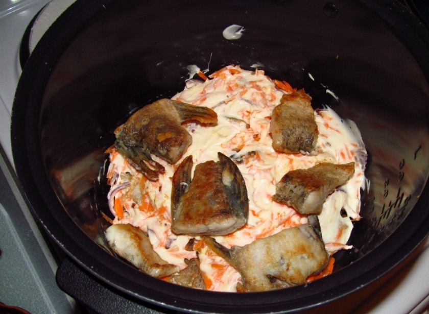 1. Этап. Щука, тушенная с луком: Выкладываем половину кусков рыбы в мультиварку, затем — половину лука и моркови. Посыпаем приправой и майонезом. Потом делаем второй слой, только уже без майонеза.