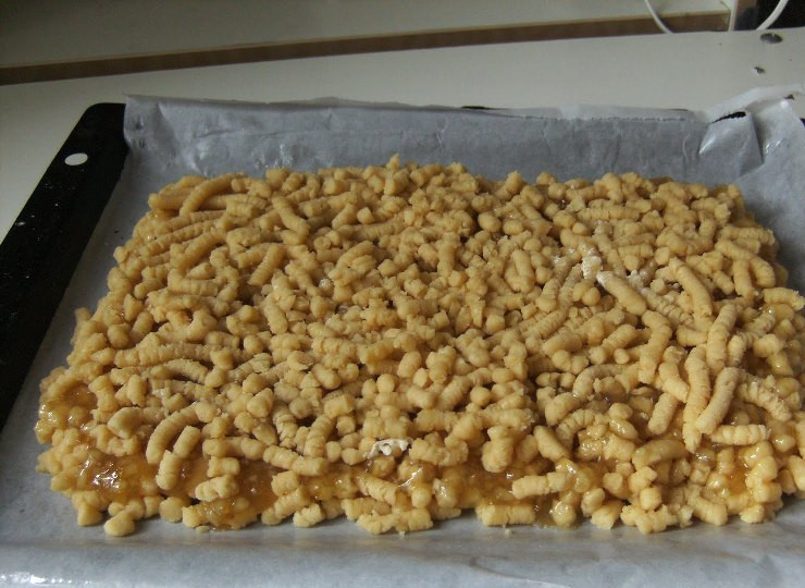 1. Этап. Печенье на майонезе через мясорубку: А наверх устилаем еще один слой червячков.