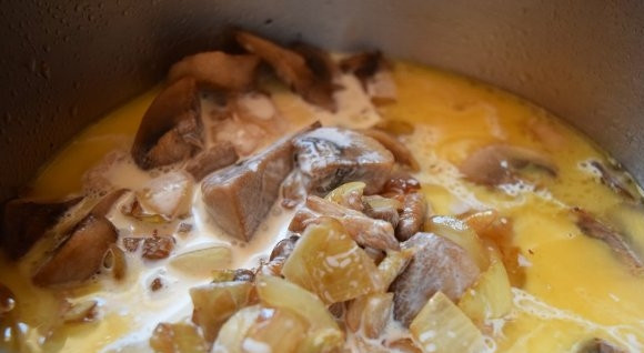 1. Этап. Индейка в сливочно-грибном соусе: Перекладываем обжаренные лук с грибами к мясу, доливаем сливки. Солим по вкусу и продолжаем готовить еще минут 15.