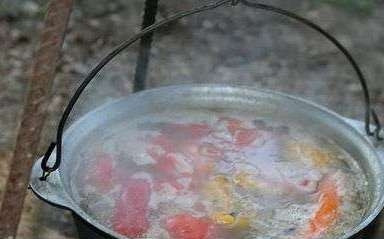 1. Этап. Шурпа в казане на костре: Варить еще 15 минут, снять с огня и настаивать еще полчаса.