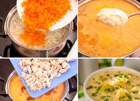 1. Этап. Сырный суп с рисом: 3. Теперь добавьте морковь и проварите все вместе минут 5-7. После этого забросьте мясо и варите до готовности картофеля. Когда все уже будет сварено, добавьте в суп сыр и все хорошенько перемешайте. Сырный суп с рисом готов! Приятного аппетита!