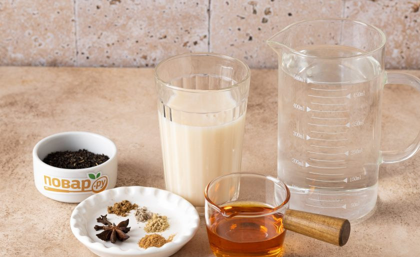 1. Этап. Чай с молочной пенкой: Подготовьте все ингредиенты.