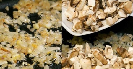 1. Stage. Creamy Mushroom Sauce: Fry the onions until transparent, add the mushrooms and evaporate the juice that has stood out for 5 minutes.