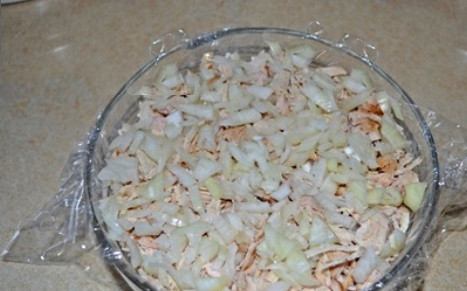 1. Этап. Салат для праздничного стола: Дальше выкладываем слои из мелко нарезанного куриного филе и репчатого лука. Смазываем верхний слой соусом.