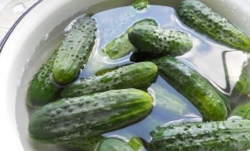 1. Этап. Маринованные корнишоны на зиму: 1. Прежде всего, помойте огурцы. Затем залейте их водой. Так они должны простоять около часа.