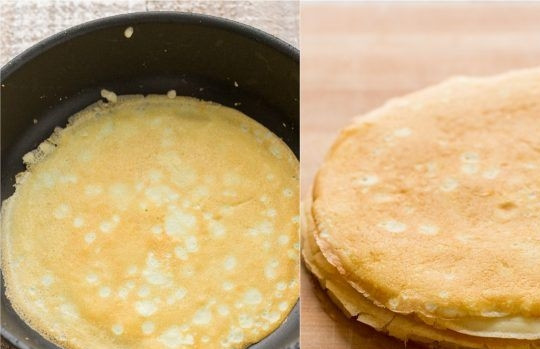 1. Этап. Блинный торт Пломбир: 3. Жарьте блины на антипригарной сковороде. На один блин расходуйте 3 столовых ложки теста. Обжаривайте их по 30 секунд с каждой стороны.