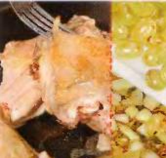 1. Этап. Курица с виноградом: Достать курицу из маринада. Маринад оставить. Нагреть в сковороде сливочное масло, жарить куски курицы по 4 минуты. с каждой стороны, перекладывать в кастрюлю. В сковороду, в которой обжаривалась курица, засыпать лук, имбирь, лимонную цедру и сахар. Готовить, постоянно помешивая, 7 минут. Добавить виноград. залить оставшимся маринадом и готовить еще 3 минуты.