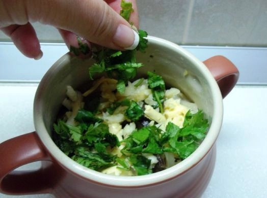 1. Этап. Пельмени, запеченные с грибами: Сверху посыпьте тертым сыром и зеленью. Разогрейте духовку до 180 градусов, запекайте блюдо в течение 10 минут. Сразу подайте на стол.