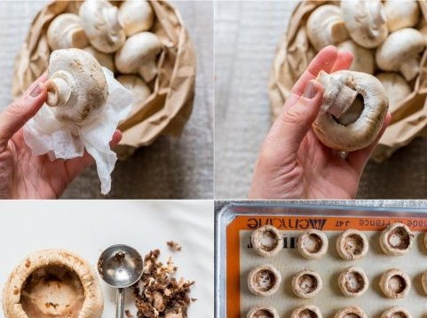 1. Этап. Грибы, фаршированные фаршем и сыром: 2. Теперь нам нужно подготовить шампиньоны: очистите их от кожицы, после чего достаньте ножку и очистите внутри. Теперь грибы подготовлены для начинки. Их можно сразу выложить на противень, чтобы потом только отправить его в духовку.