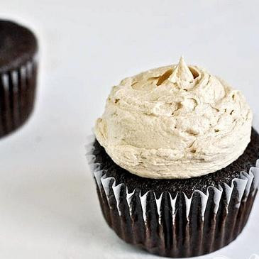 1. Этап. Шоколадные капкейки с арахисовым кремом: 6. Сделать небольшое углубление в остывших капкейках и заполнить их кремом. Украсить кремом снаружи.