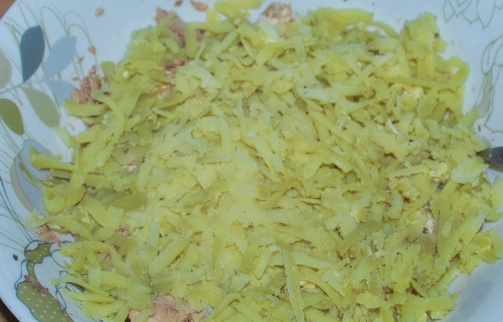 1. Этап. Cалат из рыбной консервы: Сваренный картофель очищаем и трем на терке. Добавляем в салатницу.