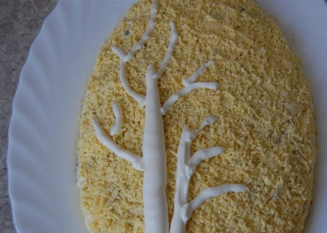 1. Этап. Салат Береза: Теперь приступаем к оформлению. Рисуем майонезом ствол и ветки будущей березы.