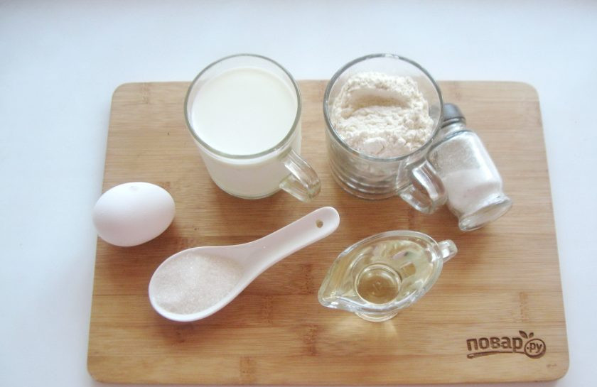 1. Этап. Пышные блины без дрожжей: Подготовьте ингредиенты для приготовления блинов.