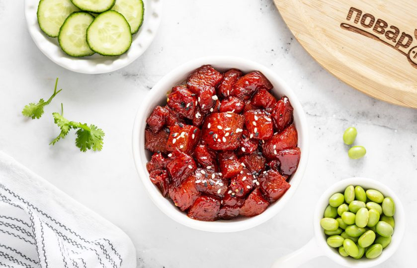 1. Этап. Тунец из арбуза: Тунец из арбуза готов, перед подачей его можно посыпать обжаренным кунжутом. Приятного вам аппетита!