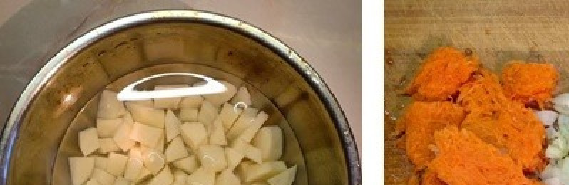 1. Этап. Суп с клецками на курином бульоне: Почистить лук, морковь и картофель. Лук и картофель нарезать кубиками, морковь натереть на терке.