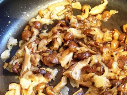 1. Этап. Салат из лесных грибов: Порежьте лук и грибы. Обжарьте на сковороде сначала лук, затем добавьте грибы и специи по вкусу и жарьте до готовности. Сняв с огня, охладите грибы до комнатной температуры.