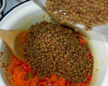 1. Этап. Чечевичный томатный суп: 4. Теперь можно в кастрюлю добавить чечевицу и хорошенько все перемешать. Затем влейте томат или томатную заправку. После этого можно поперчить и посолить по вкусу. Если томат слишком кислый – добавьте немного сахара.