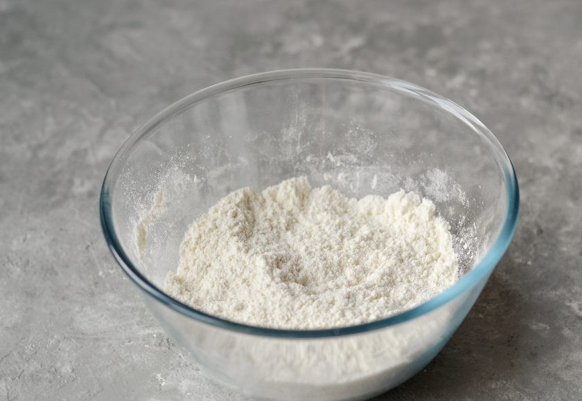 1. Этап. Торт из кокосовой муки: Просейте муку, добавьте к ней соль. Размешайте венчиком.