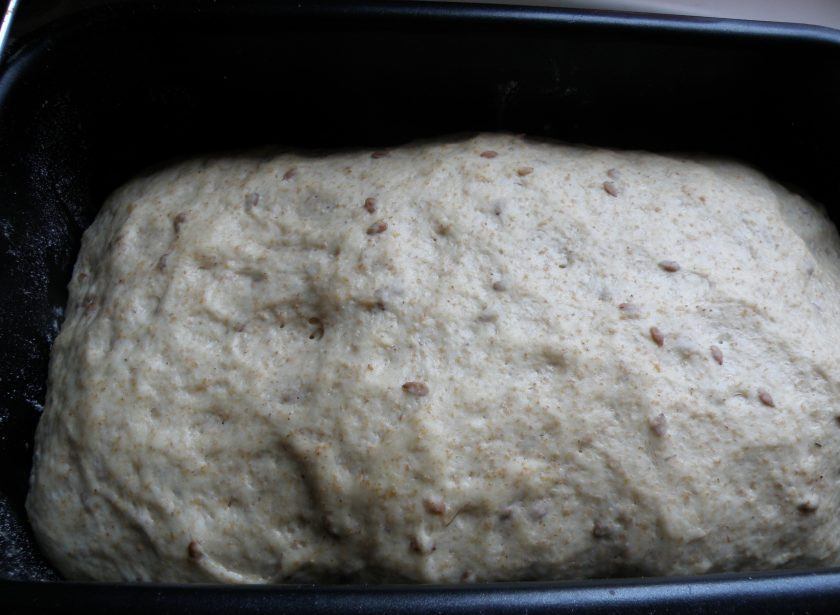 1. Этап. Отрубной хлеб на горчичном масле: Включите замес теста. Дайте тесту подойти до увеличения объема вдвое, а лучше еще больше.