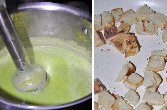 1. Этап. Суп из гороха: 5. Как только закипит, снимите с огня и с помощью блендера измельчите в пюре. Снова отправьте на плиту и прогрейте немного. Хлеб нарежьте небольшими кубиками и подсушите на сухой сковороде.