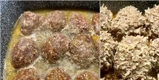 1. Этап. Тефтели ёжики в помидорах: Минут двадцать пять держал. Сначала нагрев был средний. Вон как булькало. Даже пришлось лопаткой, аккуратно ёжиков подвигать, чтобы не пришкварились. А потом нагрев убавил до ниже среднего. Видите, как рисинки вздыбились? Вот они и ёжики.