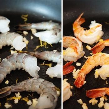 1. Этап. Брускетта с зеленым горошком и креветками: Очищенные от панциря и кишечной вены тигровые креветки обжарить на оливковом масле в течение 2-3 минут с каждой стороны вместе с одним зубчиком чеснока и цедрой половины лимона.