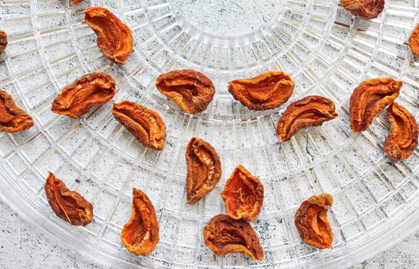 1. Этап. Сушка абрикосов в электросушилке: Установите температуру 55 градусов и сушите половинки в течение 12-14 часов. Абрикосы готовы, когда перестают липнуть к пальцам там, где срез.