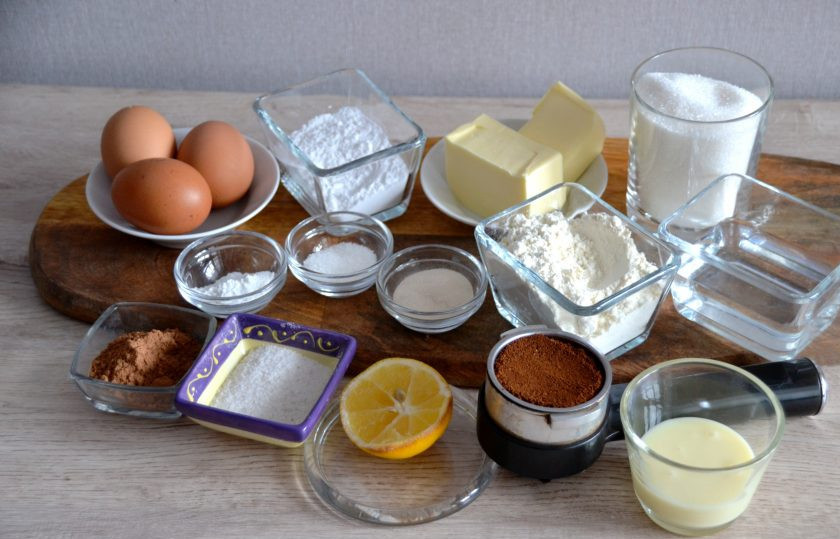 1. Этап. Кофейный торт-суфле: Подготовьте ингредиенты.