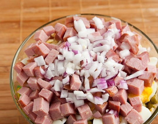 1. Этап. Салат типа Оливье: Далее нашинкуйте небольшими кубиками ветчину и лук.