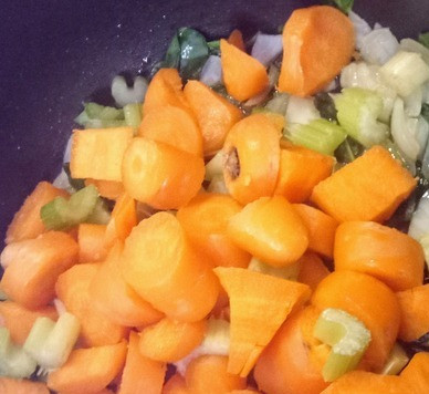 1. Этап. Суп с морковью, сельдереем и фасолью: Разогреть на плите ёмкость среднего размера и когда она хорошо нагреется, добавить оливковое масло, лук, чеснок и соль. Готовить на среднем огне минут 5. Затем добавить морковь. Уменьшить огонь до минимума и продолжать готовить ещё минут 15.