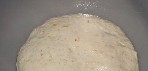 1. Этап. Багет с луком: 4. Тесто тщательно вымешиваем. Должно выйти эластичное, но немного липкое тесто. Оставим в теплом месте подходить.