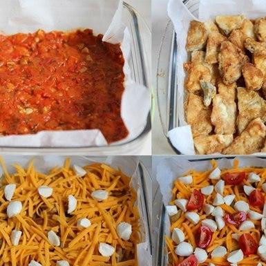 1. Этап. Пармеджана из баклажанов: Берем форму для выпекания, стелем ее пергаментом и смазываем маслом. Выкладываем слой томатного соуса со сковороды, слой баклажанов, слой тертого сыра и слой моцареллы. Выпекаем 15 минут при температуре 170 градусов. Готово!