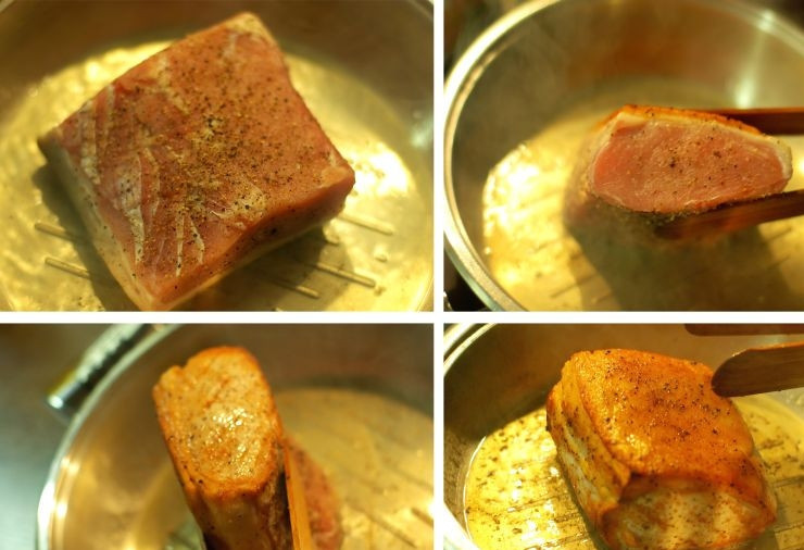 1. Этап. Корейка запеченная: Затем обжариваем его на сковородке со всех сторон, таким образом при запекании весь сок останется внутри. Поэтому обжариваем на сильном огне до образования золотистой корочки.