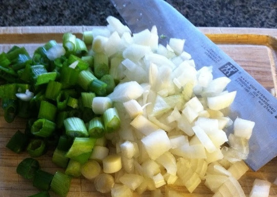 1. Этап. Свинина, тушенная с зеленью: Оба вида лука измельчаем.