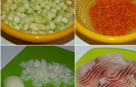 1. Этап. Рыба с кабачками в мультиварке: Чистим лук и морковь, нарезаем кубиками. У кабачка удаляем кожуру и сердцевину, нарезаем кубиками. Рыбу очистить, нарезать филе на небольшие кусочки.