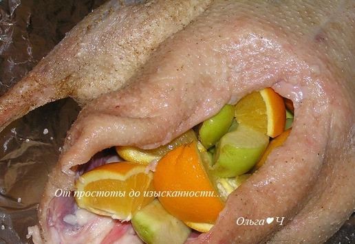 1. Этап. Рождественский гусь с фруктами и картофелем: Фрукты положите внутрь гуся.