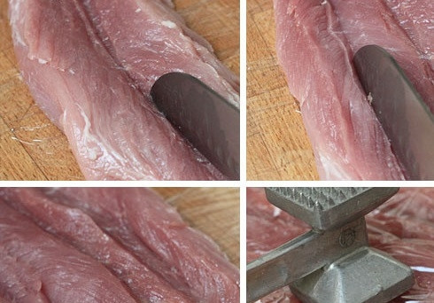 1. Этап. Праздничный рулет из свинины с начинкой: 1. Аккуратно разрежьте отбивную, чтобы развернуть мясо. Застелите пленкой, отбейте слегка. Соедините измельченный чеснок с соком лимона, горчицей, растительным маслом, солью и перцем.