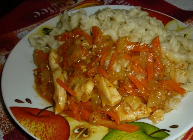 1. Этап. Гуляш из куриной грудки: Готовый гуляш из куриной грудки подавать можете с зеленью и любым гарниром. Очень хорошо он сочетается с картофелем или макаронами. Приятного аппетита!