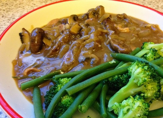 1. Этап. Говяжья печень с грибами: 7. Готовое блюдо подавайте к столу горячим, дополнив любым гарниром, который вам по душе. Приятного аппетита!