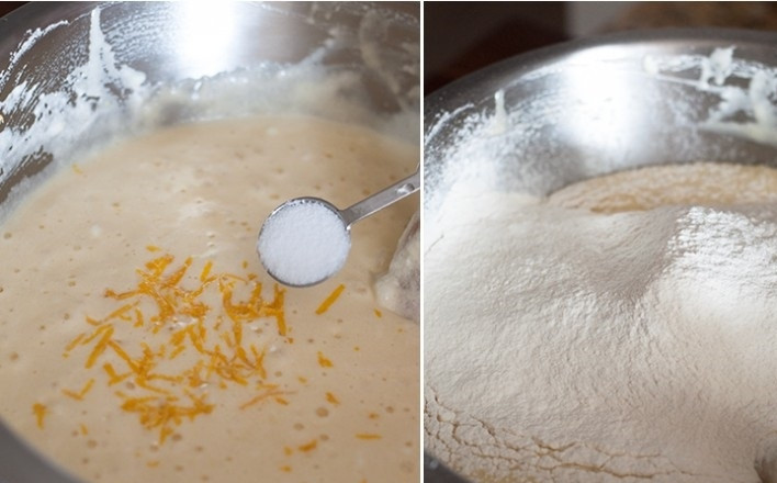 1. Этап. Заварной кулич: 11. Добавьте соль и для аромата цедру лимона. Постепенно всыпайте муку, замешивая тесто.