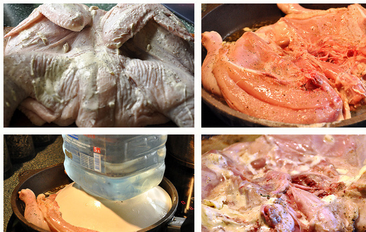 1. Этап. Борани из цыплят со стручками фасоли: Для золотистой корочки обмажьте цыпленка сметаной. Разогрейте на сковороде оливковое масло, выложите курицу, поставьте сверху гнет (весом килограммов 5), и жарьте минут 10 на среднем огне. Затем переверните цыпленка и обмажьте сметаной с другой стороны. Опять поставьте гнет и жарьте минут 10. Потом уменьшите огонь и жарьте 25 минут (все еще под гнетом).