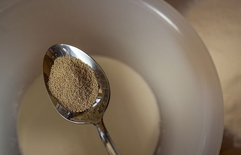 1. Этап. Лепешки из тандыра в духовке: Первым делом хорошенько просеиваем муку. В емкость с теплым молоком добавляем соль и сухие дрожжи.