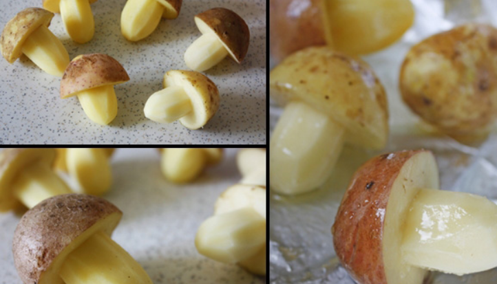 1. Этап. Грибочки из картошки: Постепенно удаляя мякоть, придаем каждой картофелине форму грибочка. Перекладываем грибы на противень, застеленный фольгой. Солим и перчим по вкусу, обильно поливаем растительным маслом. Запекаем в духовке 50 минут, температура 200 градусов.