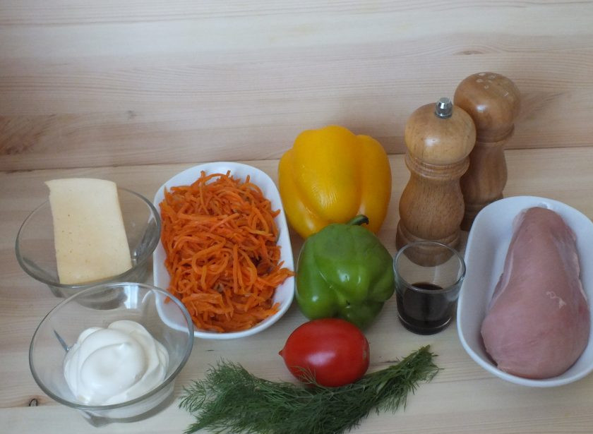 1. Этап. Салат Светофор с корейской морковью: Подготовьте необходимые ингредиенты.