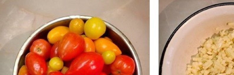 1. Этап. Помидоры Под снегом: Помидоры вымыть и проколоть зубочисткой возле плодоножки в нескольких местах, чтобы при обработке у помидоров не лопалась кожура. Чеснок мелко порубить ножом.